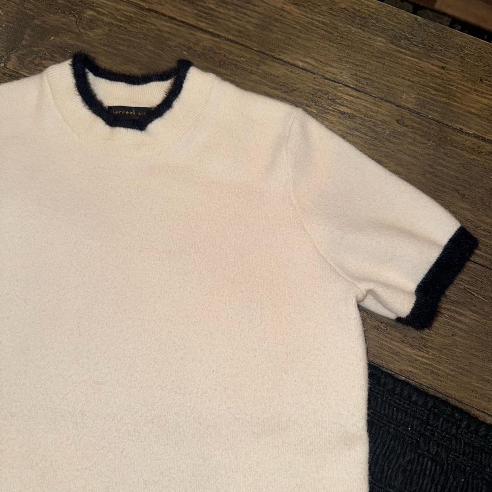 Current Air Anthropologie White Fuzzy Short Sleeve Preppy Sweater Black Trim XS
